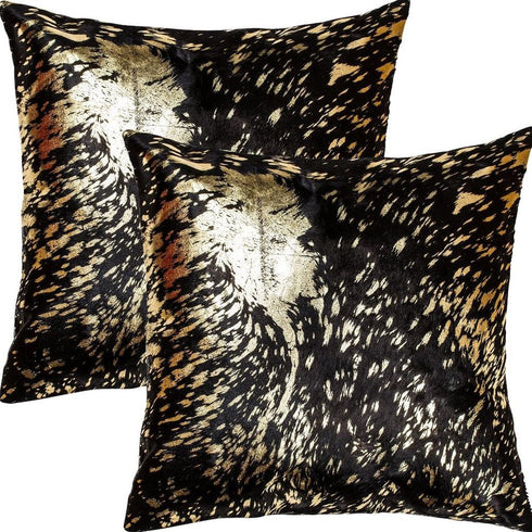 Set of Two 18" Brown And Gold Cowhide Throw Pillows
