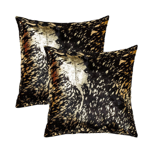 Set of Two 18" Brown And Gold Cowhide Throw Pillows