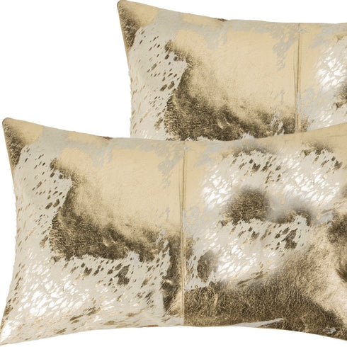 Set of Two 12" X 20" Natural And Gold Lumbar Cowhide Throw Pillows