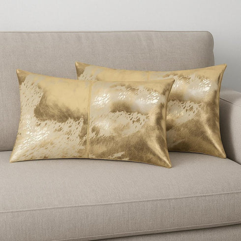 Set of Two 12" X 20" Natural And Gold Lumbar Cowhide Throw Pillows
