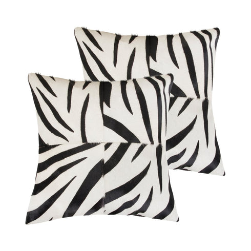 Set of Two 18" White and Black Zebra Cowhide Throw Pillows
