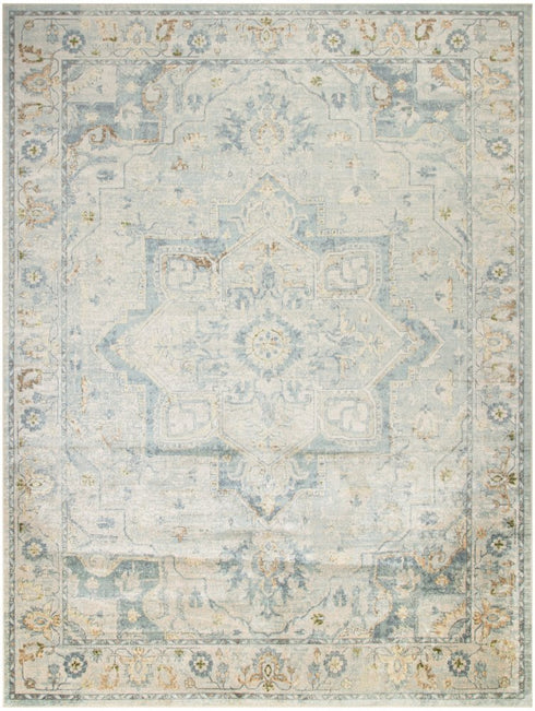 8' X 10' Blue and Ivory Floral Medallion Power Loom Distressed Washable Area Rug