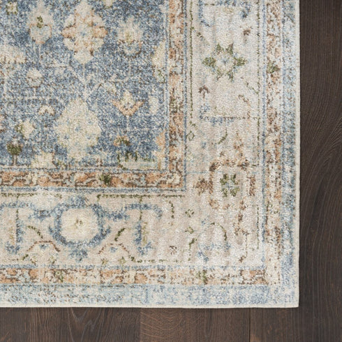 8' X 10' Blue and Silver Floral Medallion Power Loom Distressed Washable Area Rug