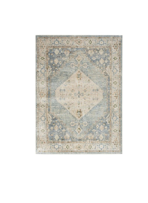 8' X 10' Blue and Silver Floral Medallion Power Loom Distressed Washable Area Rug