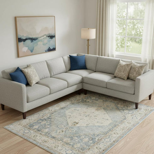8' X 10' Blue and Silver Floral Medallion Power Loom Distressed Washable Area Rug