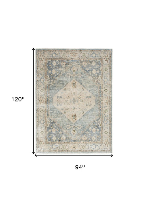 8' X 10' Blue and Silver Floral Medallion Power Loom Distressed Washable Area Rug