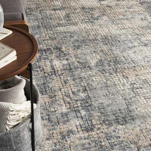 9' X 12' Beige and Blue Abstract Power Loom Distressed Area Rug