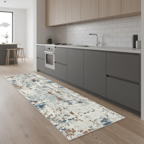 8' Beige And Blue Abstract Runner Rug