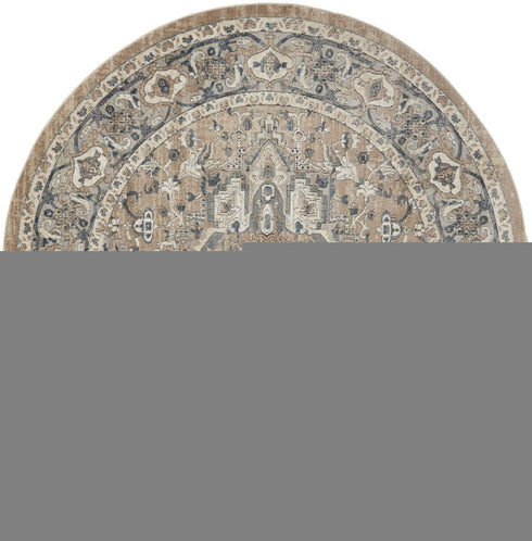 10' Beige and Gray Round Medallion Power Loom Distressed Area Rug