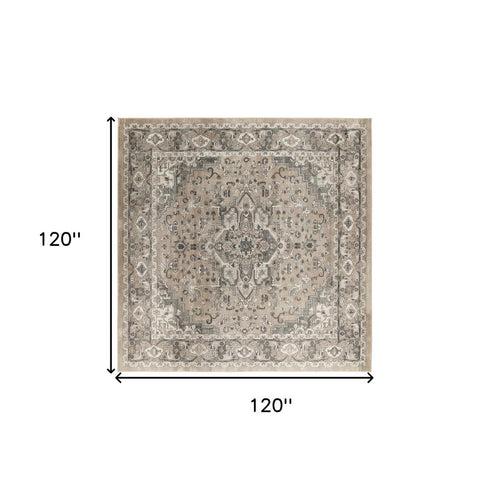 10' Beige and Gray Round Medallion Power Loom Distressed Area Rug