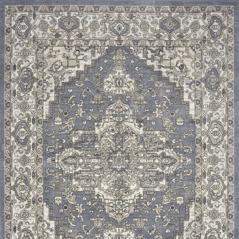 8' X 10' Blue and Ivory Medallion Power Loom Distressed Area Rug