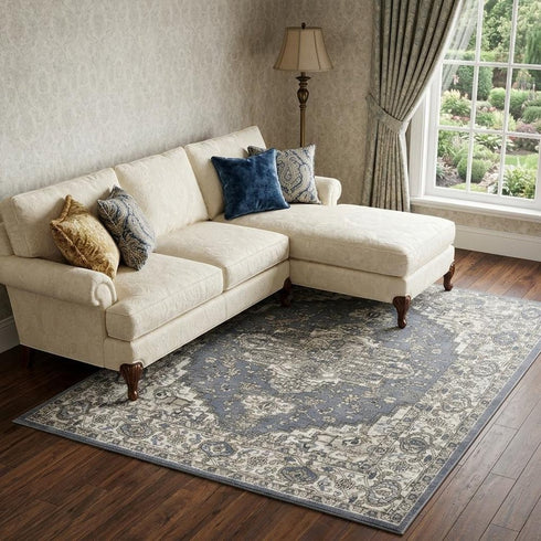 8' X 10' Blue and Ivory Medallion Power Loom Distressed Area Rug