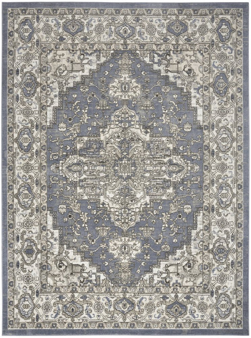 8' X 10' Blue and Ivory Medallion Power Loom Distressed Area Rug
