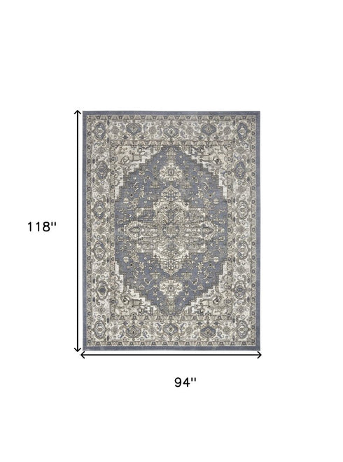 8' X 10' Blue and Ivory Medallion Power Loom Distressed Area Rug