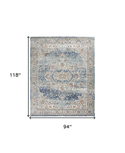 8' X 10' Blue And Ivory Medallion Distressed Area Rug