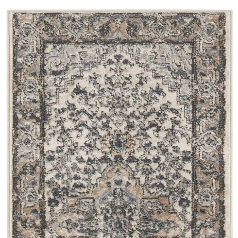 6' Gray And Ivory Medallion Distressed Runner Rug