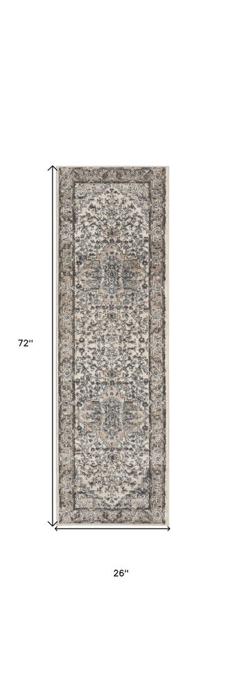 6' Gray And Ivory Medallion Distressed Runner Rug