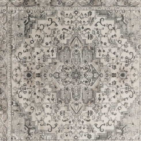 8' Gray and Ivory Square Medallion Power Loom Distressed Area Rug