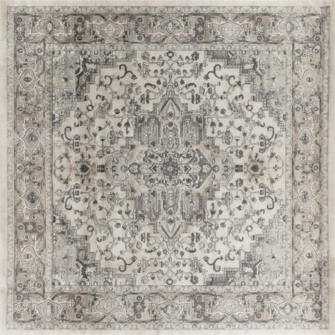 8' Gray and Ivory Square Medallion Power Loom Distressed Area Rug
