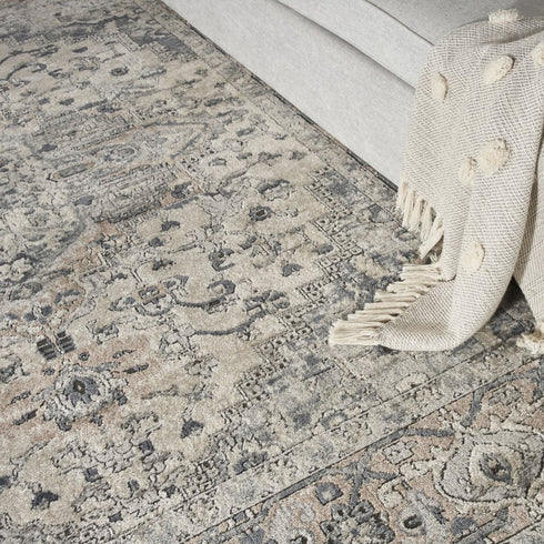 8' Gray and Ivory Square Medallion Power Loom Distressed Area Rug
