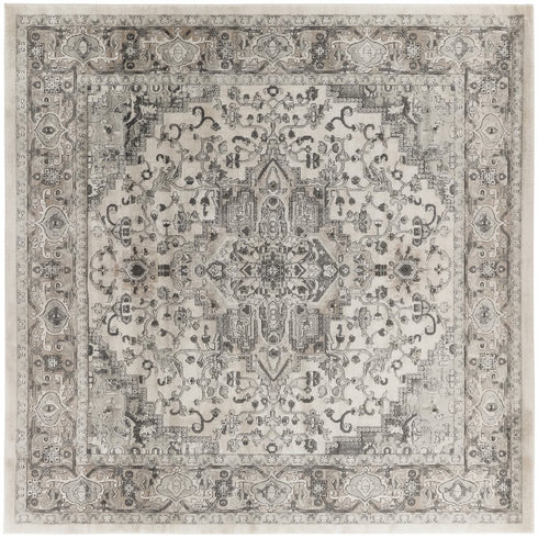 8' Gray and Ivory Square Medallion Power Loom Distressed Area Rug