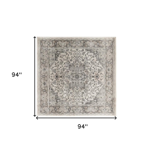 8' Gray and Ivory Square Medallion Power Loom Distressed Area Rug