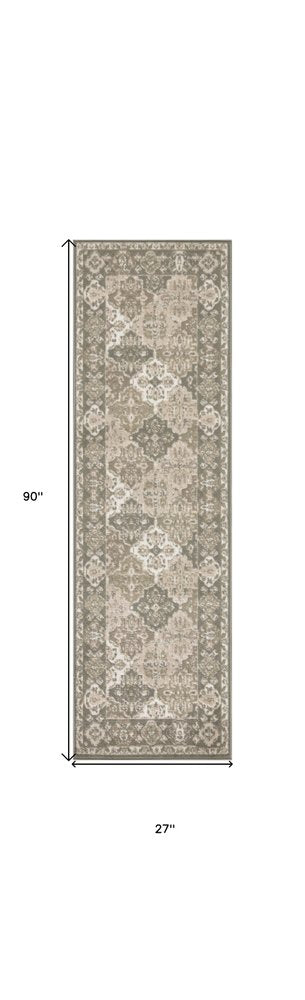 8' Green And Ivory Medallion Distressed Runner Rug