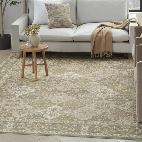 8' Green And Ivory Medallion Distressed Runner Rug