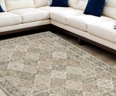 8' Green And Ivory Medallion Distressed Runner Rug