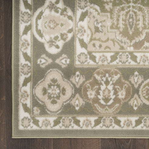 8' Green And Ivory Medallion Distressed Runner Rug