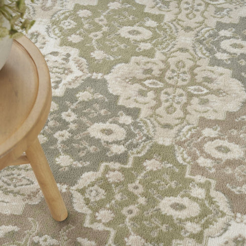 8' X 10' Green and Ivory Medallion Power Loom Distressed Area Rug