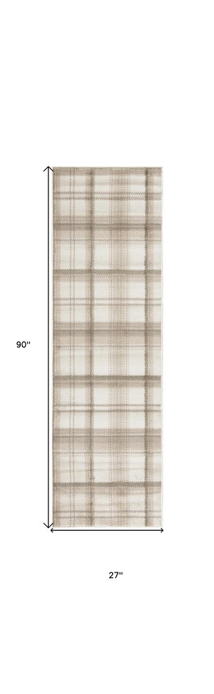 8' X 10' Beige and Ivory Plaid Power Loom Area Rug