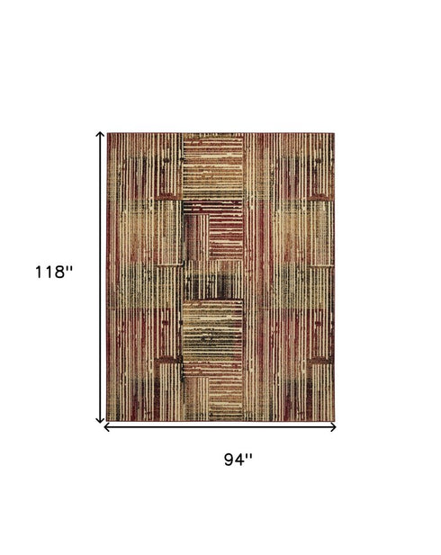8' X 10' Tan Black and Red Striped Non Skid Area Rug