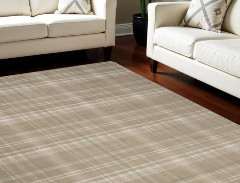 8' X 10' Brown and Ivory Plaid Non Skid Area Rug