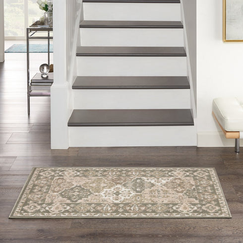 8' Green And Ivory Medallion Distressed Runner Rug