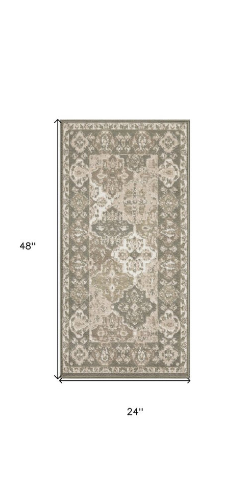 8' Green And Ivory Medallion Distressed Runner Rug