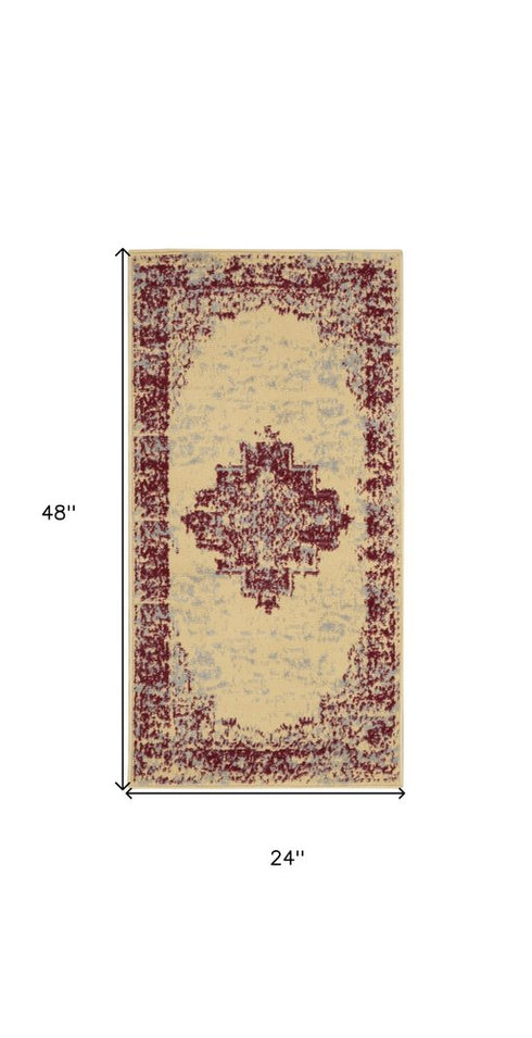 2' X 4' Cream Gray And Red Medallion Distressed Area Rug