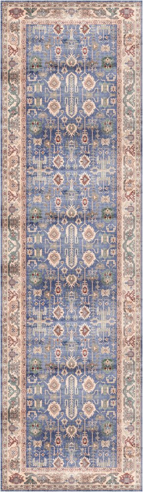 8' Beige Blue and Red Oriental Distressed Non Skid Runner Rug