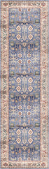 8' Beige Blue and Red Oriental Distressed Non Skid Runner Rug
