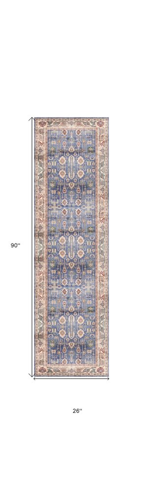 8' Beige Blue and Red Oriental Distressed Non Skid Runner Rug