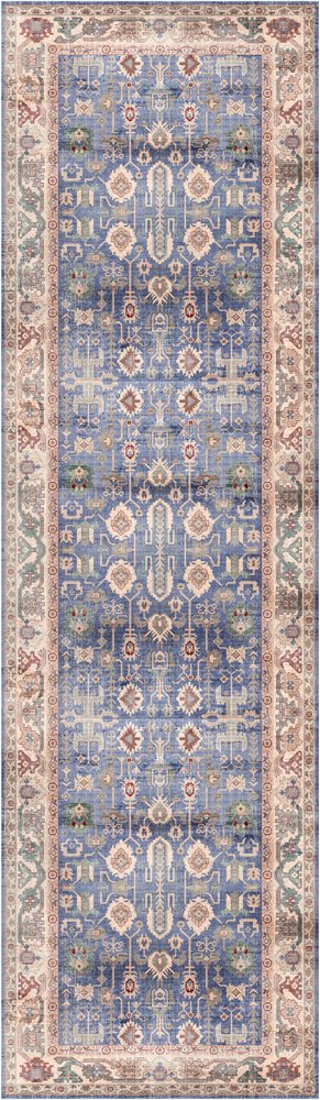 8' Beige Blue and Red Oriental Distressed Non Skid Runner Rug