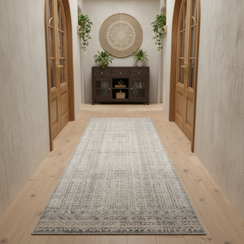 8' Ivory And Blue Geometric Distressed Runner Rug With Fringe