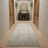 8' Ivory And Blue Geometric Distressed Runner Rug With Fringe