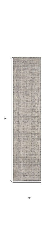 8' Ivory And Blue Geometric Distressed Runner Rug With Fringe