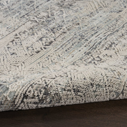 8' Ivory And Blue Geometric Distressed Runner Rug With Fringe