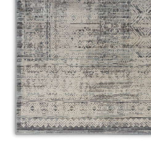 8' Ivory And Blue Geometric Distressed Runner Rug With Fringe