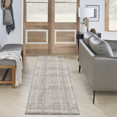 8' Ivory And Blue Geometric Distressed Runner Rug With Fringe