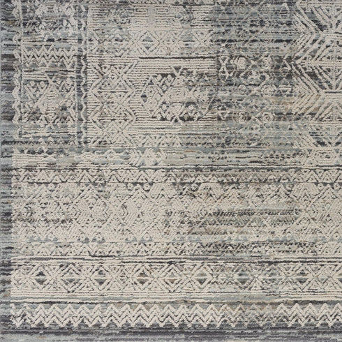 8' Ivory And Blue Geometric Distressed Runner Rug With Fringe