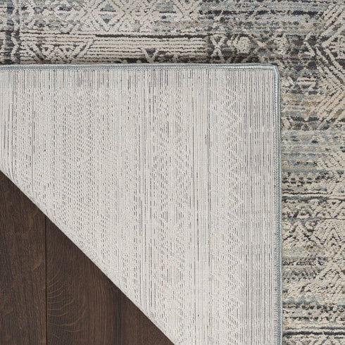 8' Ivory And Blue Geometric Distressed Runner Rug With Fringe