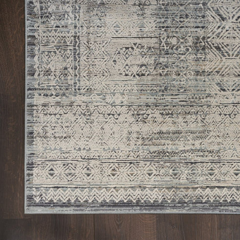8' Ivory And Blue Geometric Distressed Runner Rug With Fringe